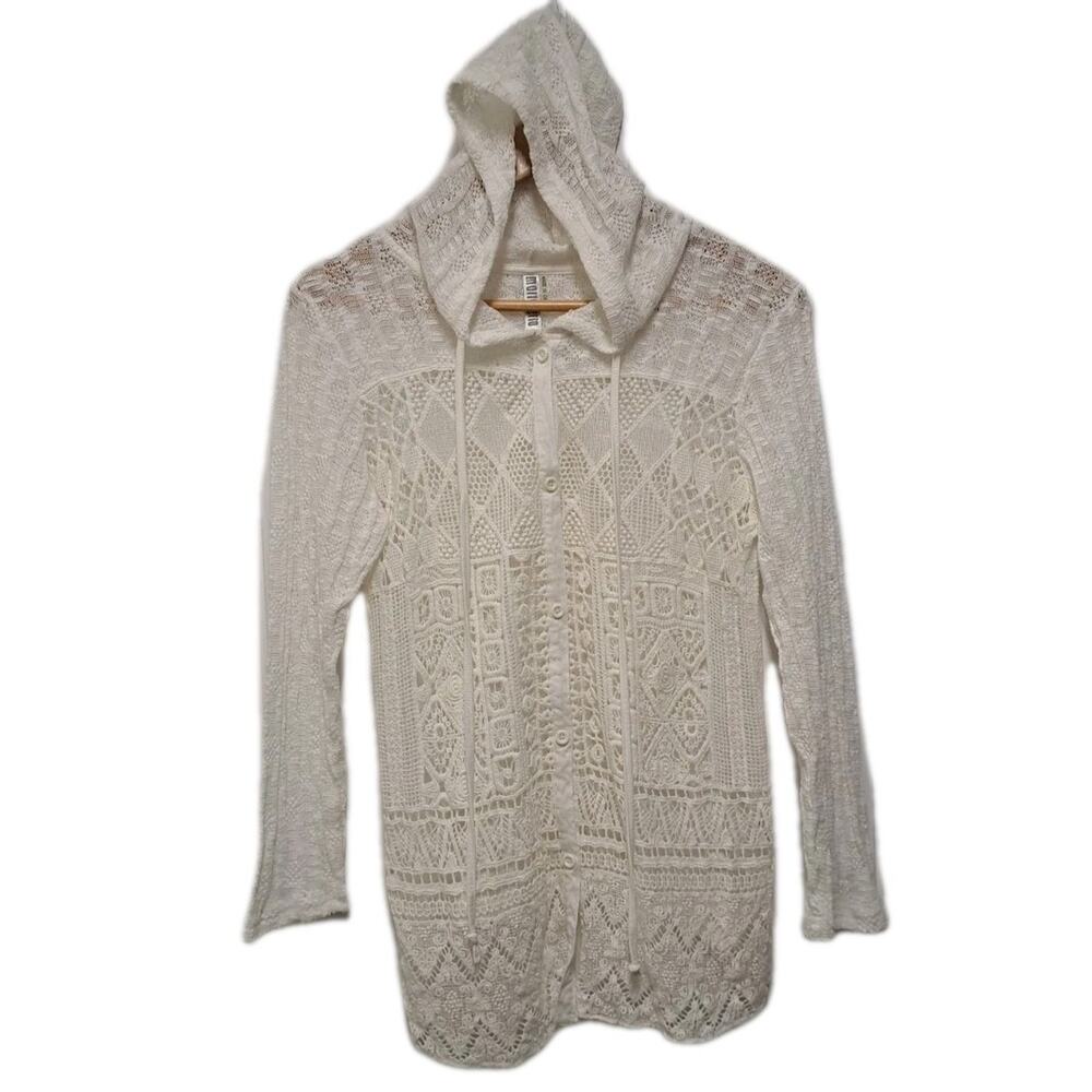 Mariarerro Swim Cover Up Womens Large L White Crochet Lace Long Sleeve Hood Boho